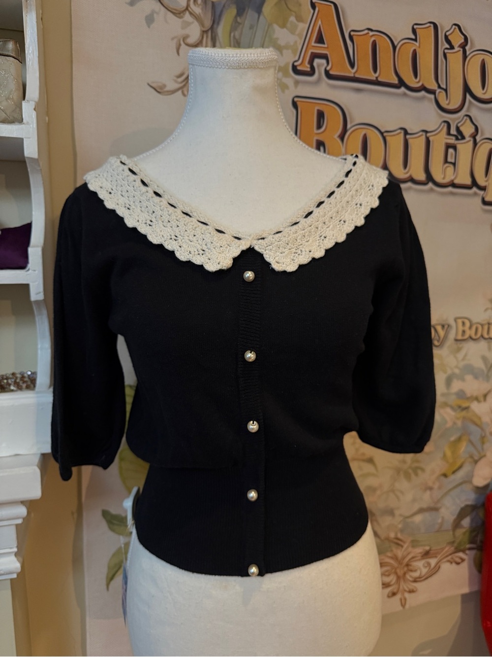 Black Knit Cardigan with Crochet White Peter Pan Collar